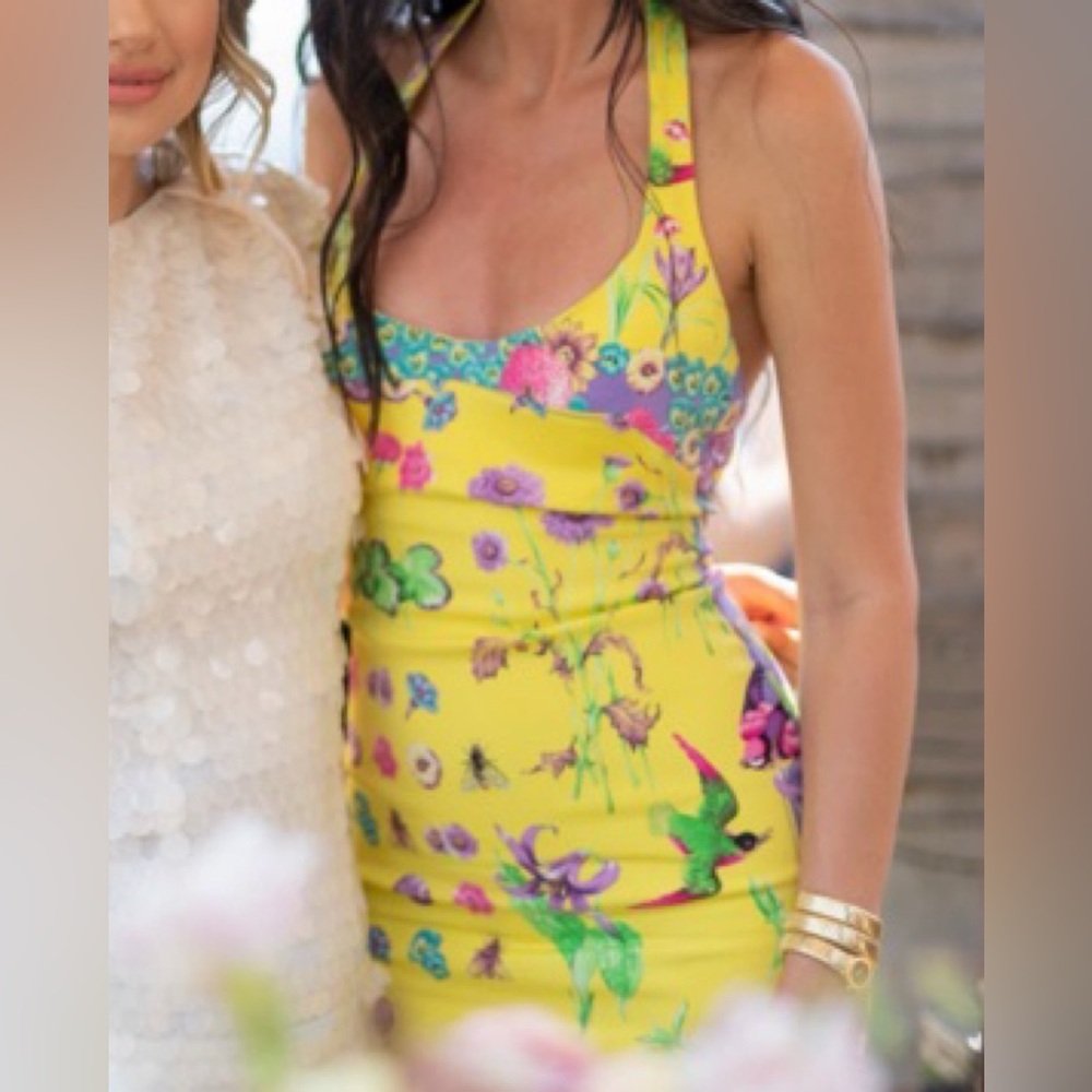 Gianni Versace 1995-1996 Vintage silk floral bee yellow halter neck dress